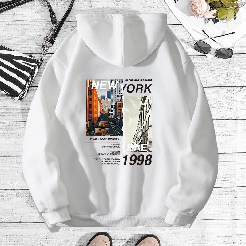 Autumn And Winter Sweater Shoulder Sleeves New York City Print Hooded Fleece Sweater Women'S Top