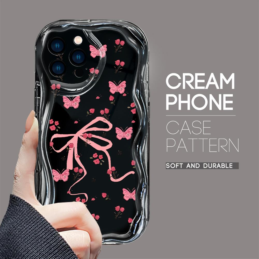 For iPhone 16 15 14 13 12 Samsung S24 S23 S22 A06 A13 A14 A15 A16 A55 Redmi Note 13 12 Flowers Butterfly Cream Texture Wavy Edge Soft Phone Case