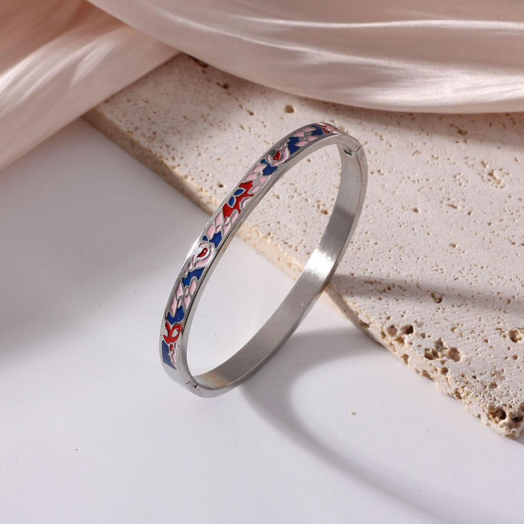 18K Electroplated Women's Retro Enamel Drip Oil Titanium Steel Bracelet, 6mm