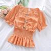 Ruffled Short-sleeve Shirt Nipped Waist Solid Pleated Button Down Top Female Chiffon Blouse Square Neck Chiffon Shirt