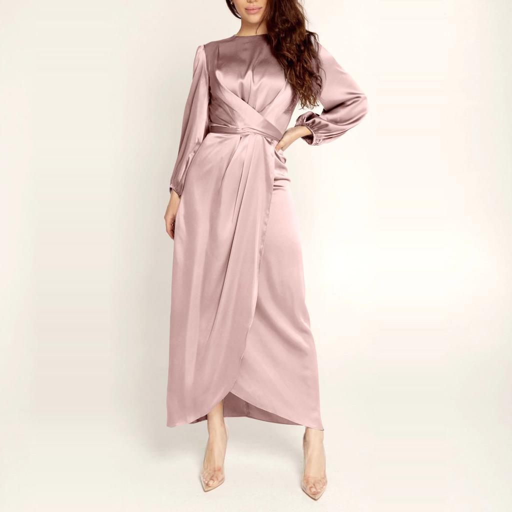 Women's Fashion Solid Color  Long Sleeve Satin Soft Waist And  Dress