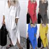 Elegant Solid-color Slit Dress for Summer and Autumn 3/4 Sleeves Simple Long POLO Neck Button-down Shirt Dress