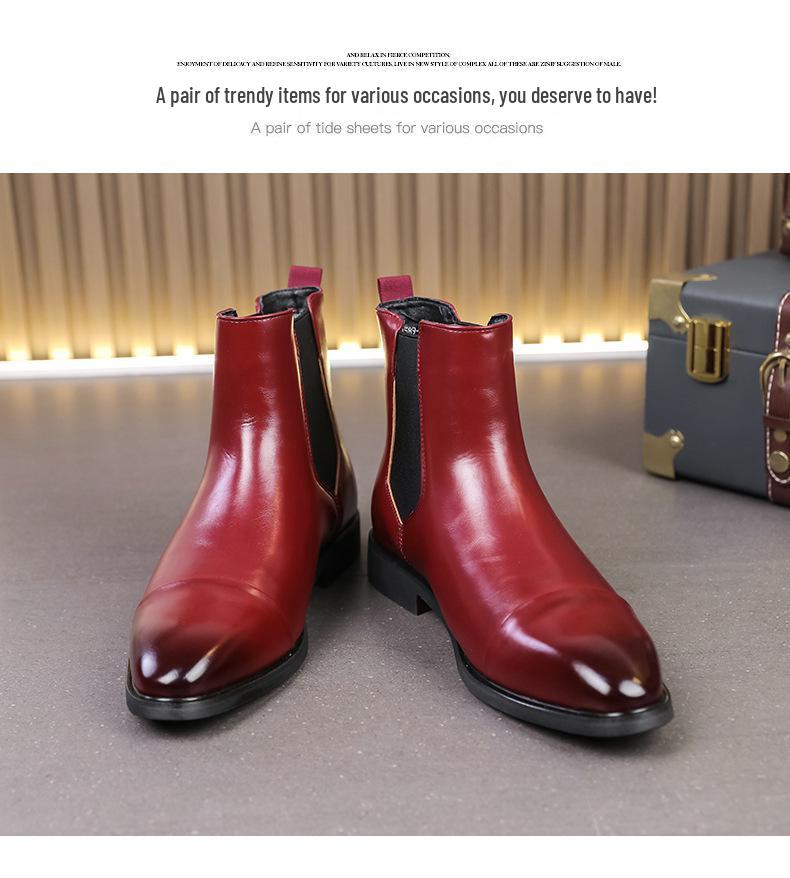 Men's Red Leather Pointed Toe Slip-On Chelsea Boots - High-Top Casual Martin Style, Plus Sizes Available