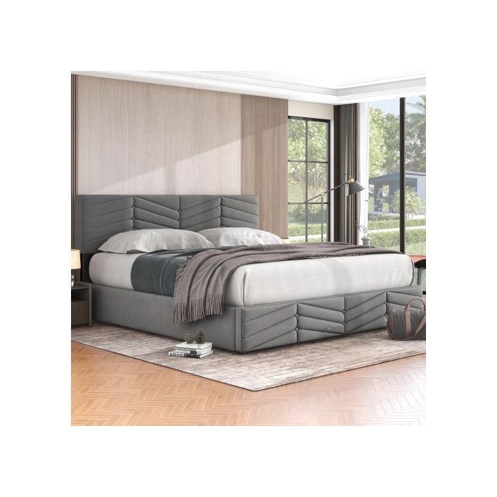 Lit Rembourré - MUVOE - 180 X 200 - Tête De Lit Réglable - Fonction De Stockage - Style Rayé