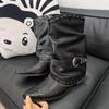 Fashion New Retro Boots Popular Flame Rivet Pleated Knight Boots Women Pointed Toe Chunky Heel Belt Buckle Black Leather Mid Calf Boots