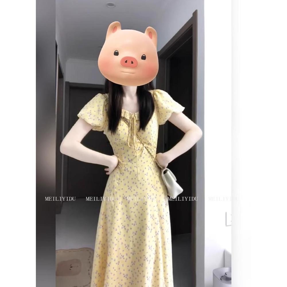 

Праздничное платье с квадратным вырезом, желтое с цветочным принтом, передовой дизайн, нежный темперамент, рукава-буфы, длинное платье по талию, женское XL- (recommended 110-60kg)