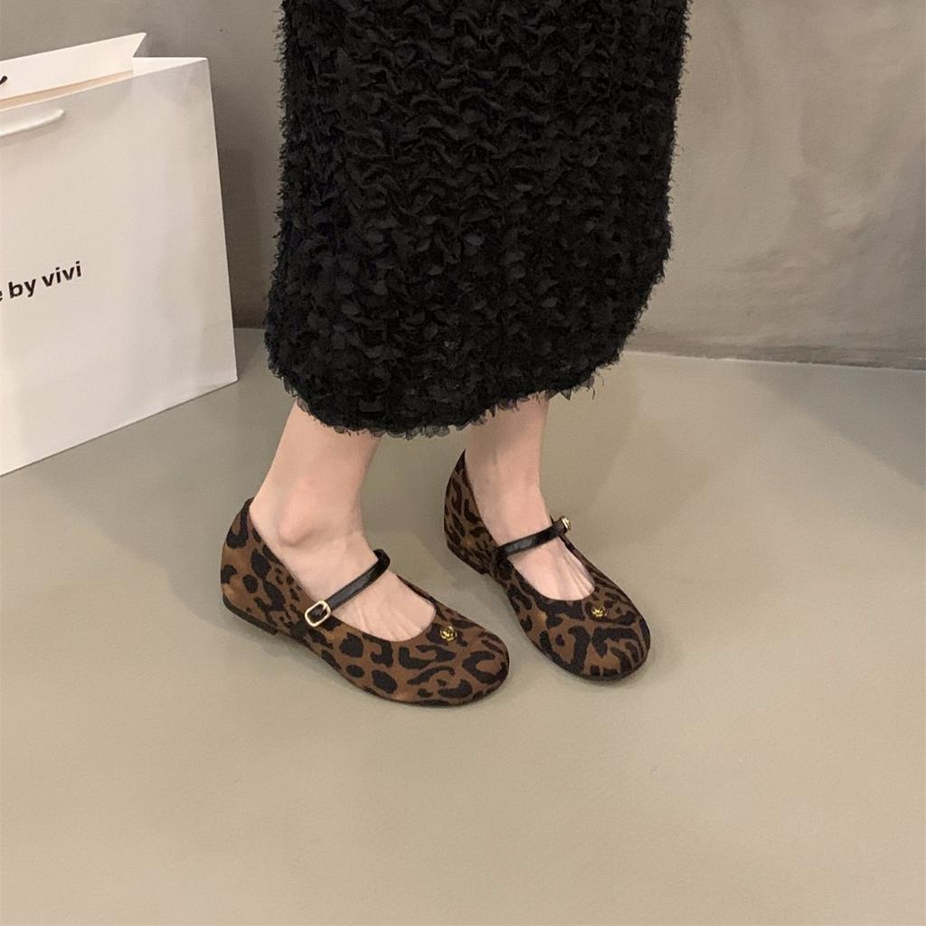 Inner Heightening Leopard Print Mary Jane Single Shoes Women's Shoes 2025 Spring and Autumn Retro Suede with Skirt French Evening Shoes