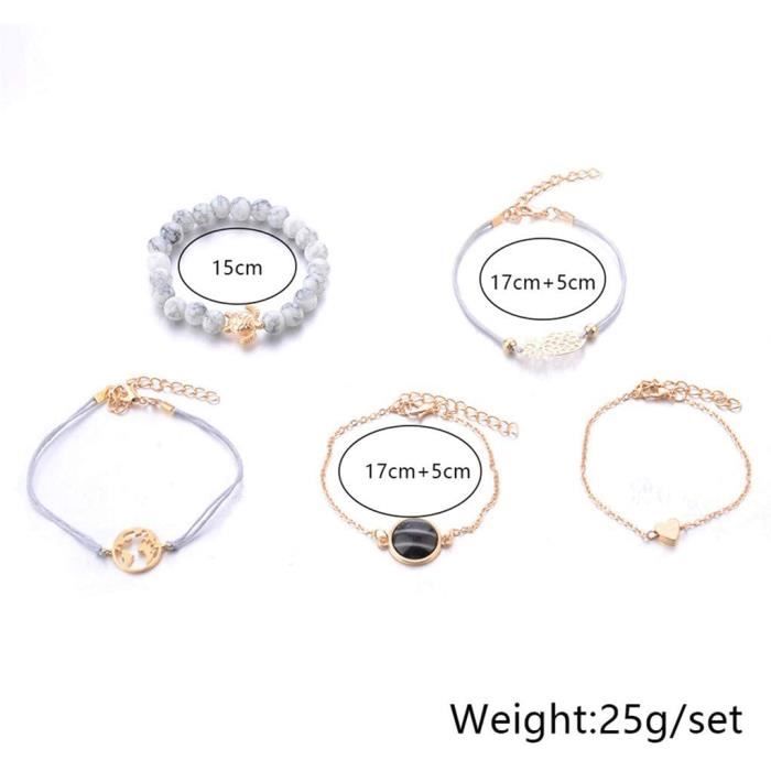 Bracelet pour Femme 5 pcs chaîne géométrique Manchette Ouverte Carte du Monde Tortue perlée et Bracelet Turquoise Ensemble Boh[47]