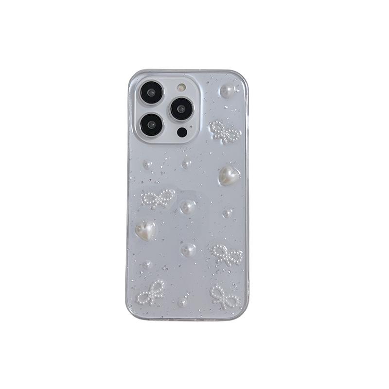 Wind Transparent Epoxy Mobile Phone Case For Apple 17Promax Pearl 16Plus Silver Foil Bow Love