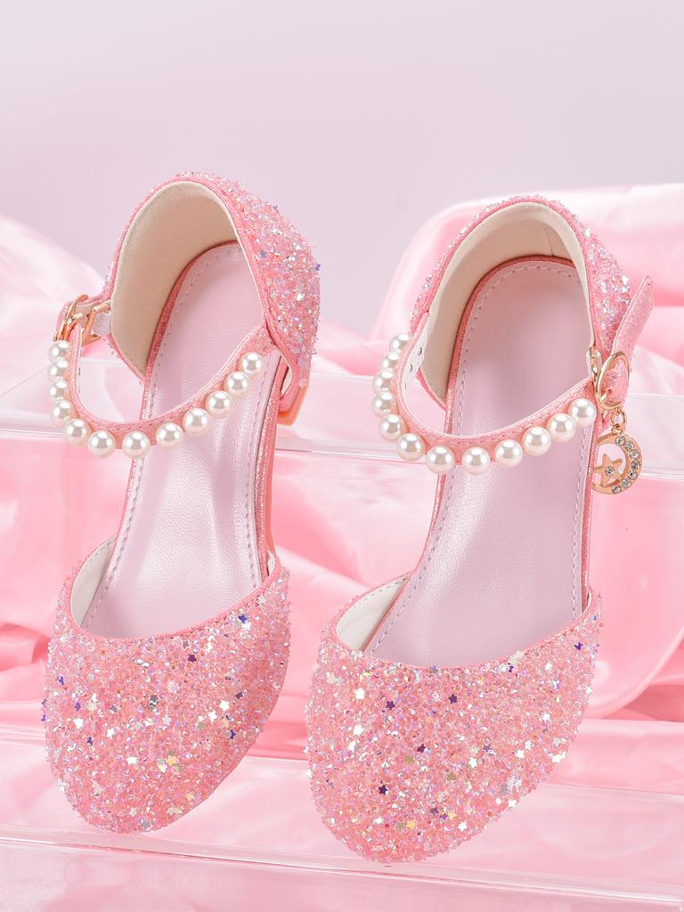 Sapatos de Salto Alto Estilo Princesa para Meninas Com Decoração de Pingente de Estrela Brilhante, Adequados Para Vestido e Festa de Aniversário