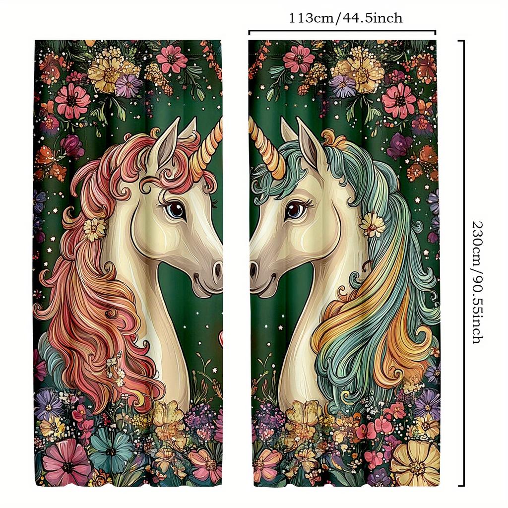 2pcs Unicorn Princess Curtains - Enchanted Floral and Fantasy Art Design   Semi-Transparent Polyester Drapes for Bedroom and Livi