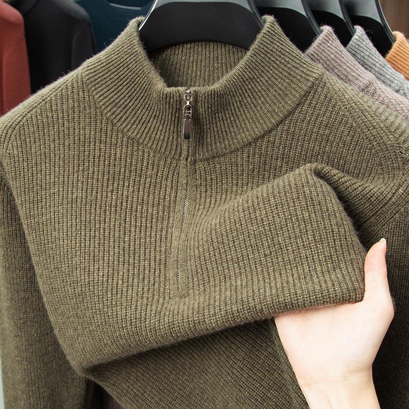 Men's 100% Wool High Collar Zipper Sweater - Thick, Warm Knitted Base Layer for Autumn/Winter