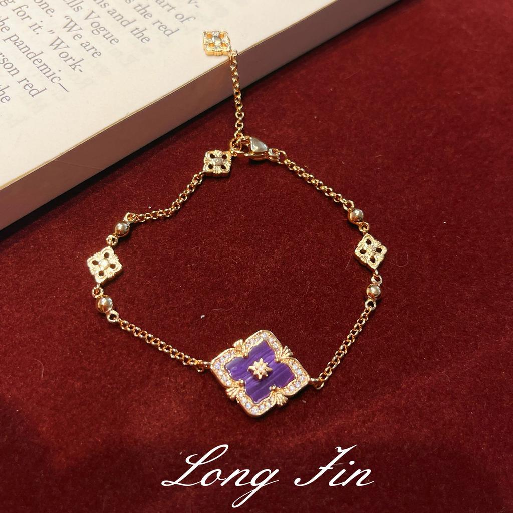 French Retro Four-Leaf Clover Window Grilles, Purple Dragon Crystal Jewelry Set, Necklace, Bracelet, Earrings, And A Ring.