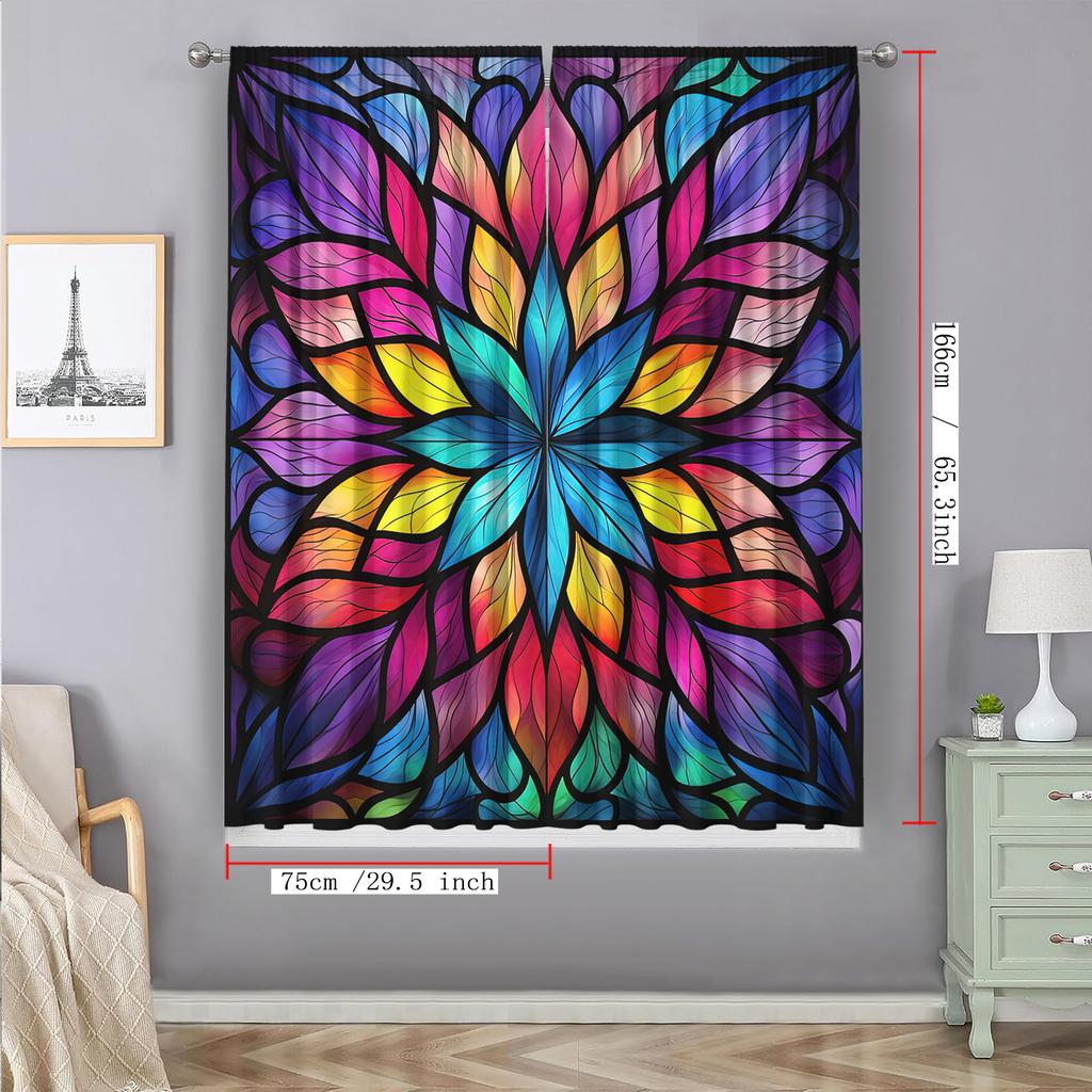 2PC Home Decoration Curtains, Geometric Leaf Flower With Rod Pocket Curtains, Kitchen, Coffee Shop, Living Room, Balcony, Garden
