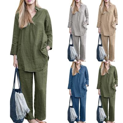 Ladies Casual Fashion Versatile Formal Solid Color Cotton Linen Long Sleeve Trousers Set