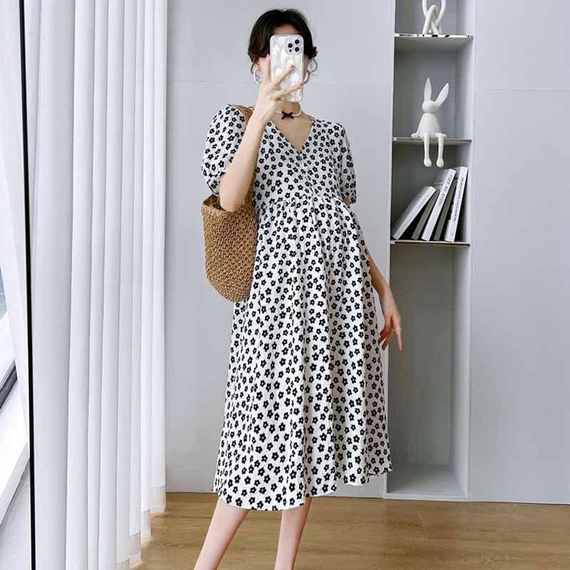 

Одежда для беременных, летняя одежда, модный темперамент, воротник, цветочная пряжка, для кормления грудью, большой размер, платье средней длины M Recommended 85-52.5 kg