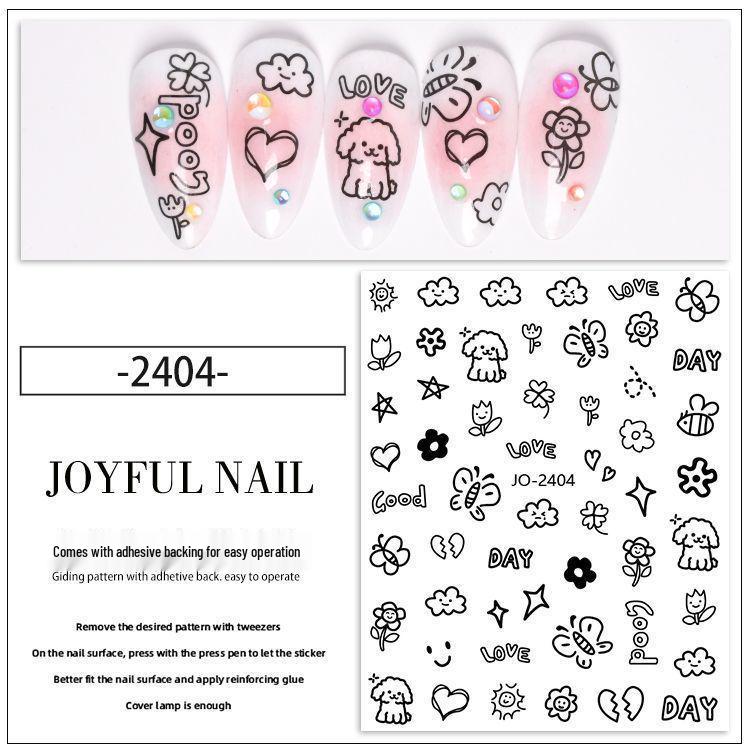Cartoon Graffiti Nail Stickers: Kitten, Rabbit, Puppy, Starburst, Butterfly Designs with Adhesive