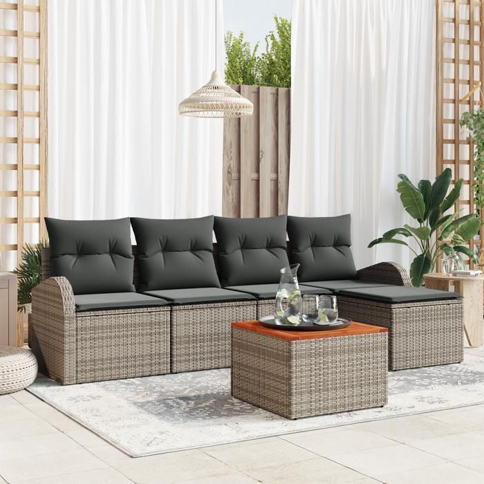 Ensemble de canapé de jardin 6 pièces avec coussins Gris Poly Rotin Acacia, Canapé de jardin 2 places avec rangement 3356235