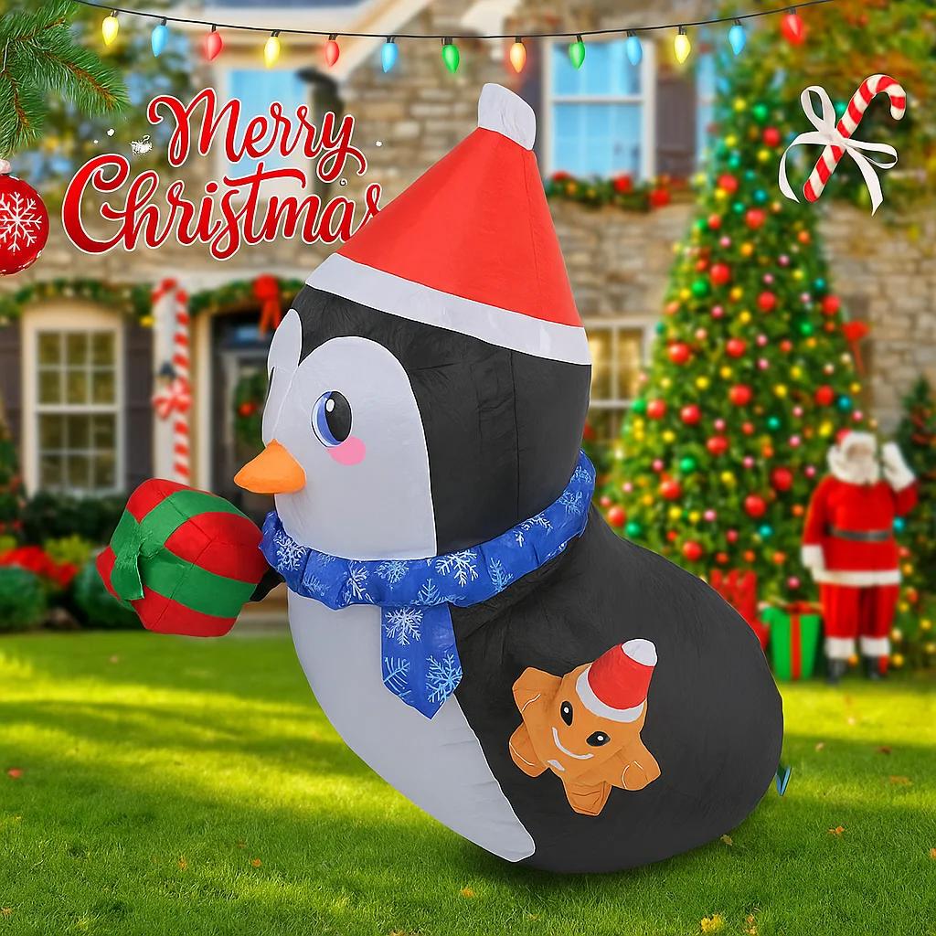 3.44FT LED Light Inflatable Xmas Penguin Gingerbread Man Gift Toy Yard Party Decor Home Supplies Ornaments Christmas Holiday