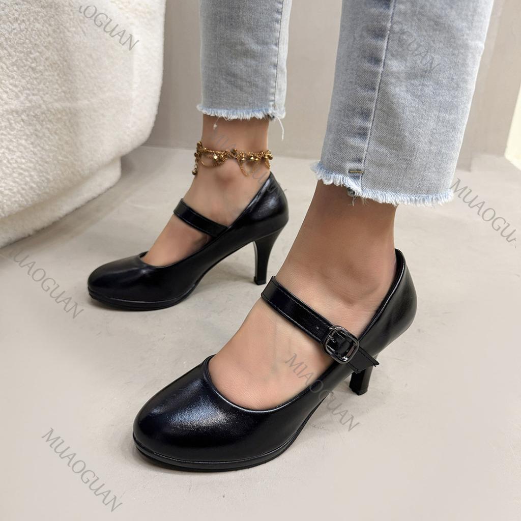 Fashion New Spring Autumn Pumps Shoes Leather Round Toe Women High Heels Shallow Mouth Versatile Solid Color Elegant Woman Heeled Shoes
