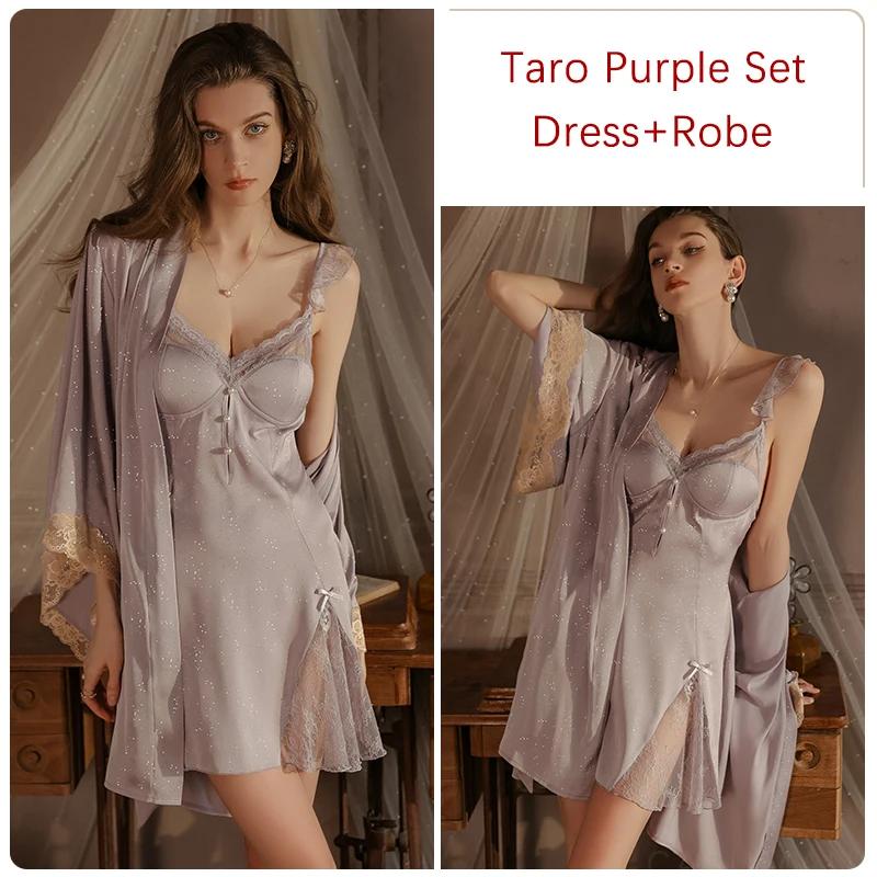 Damen Schlafanzug Set Nachthemd Robe Glattes Satin Camisole Kleid mit BH Cup Sexy Damen Pyjamas