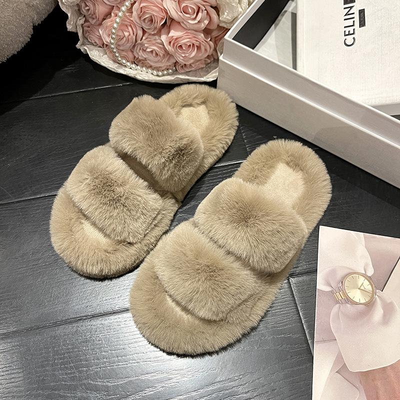 Flat bottom fluffy women's slippers spring autumn and winter one-word fluffy mop warm indoor fashion versatile flat bottom thickened