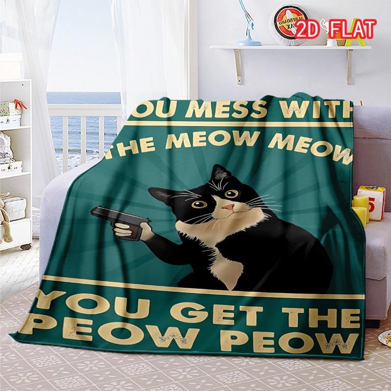 Funny Tuxedo Cat With Gun Print Flannel Blanket, You Mess With The Meow Meow Quote Throw, Soft Cozy Lightweight Bed Sofa Cover 80cm x 120cm