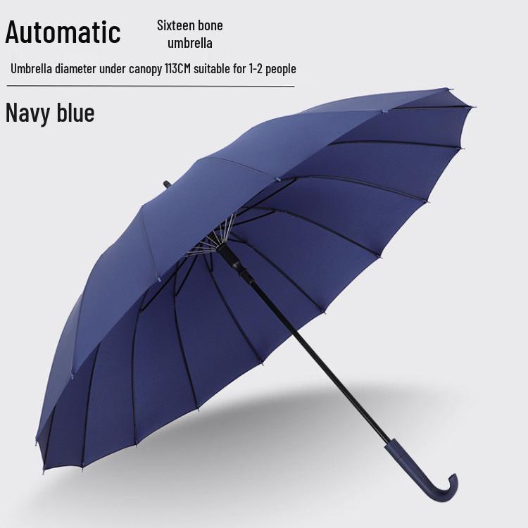 Windproof 16-Rib Large Solid Color Automatic Open Umbrella with Long Handle