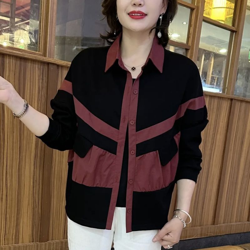 

Spring and Autumn Loose Slim Contrasting Women s Thin Jacket Top Polo Collar Splicing Fashionable Age-reducing Jacket 3XL