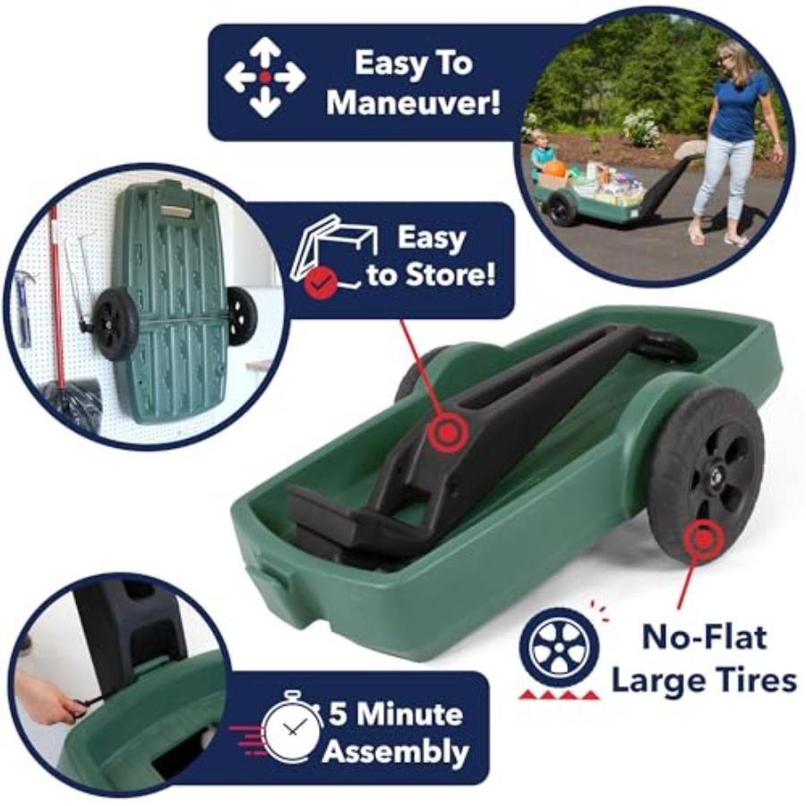 Yard and Garden Outdoor Cart - Long Handle Easy Turn 2 Wheel Heavy Duty Plastic Pull Cart for Backyard 42 in x 20 in x 4 in Bed