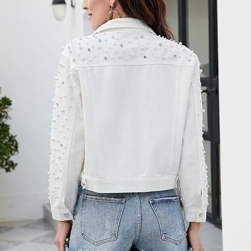 Womens Short Denim Jacket With Pearl
