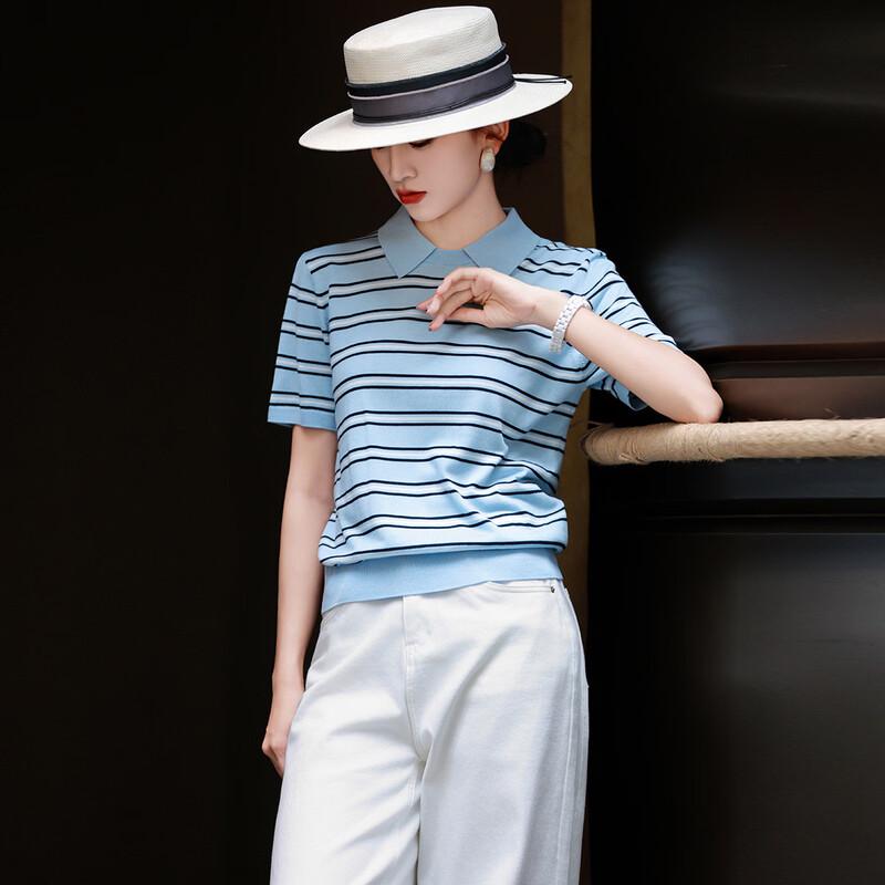 Lanseer 2026 Summer Striped Lapel Knit Top