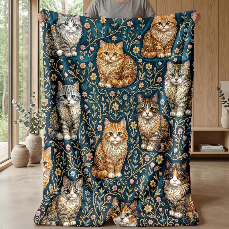 Cats In Cartoon Style Blanket Personalized Name Flannel Blanket Soft Cozy Plush Throw for Sofa Bed Lightweight Home Decor