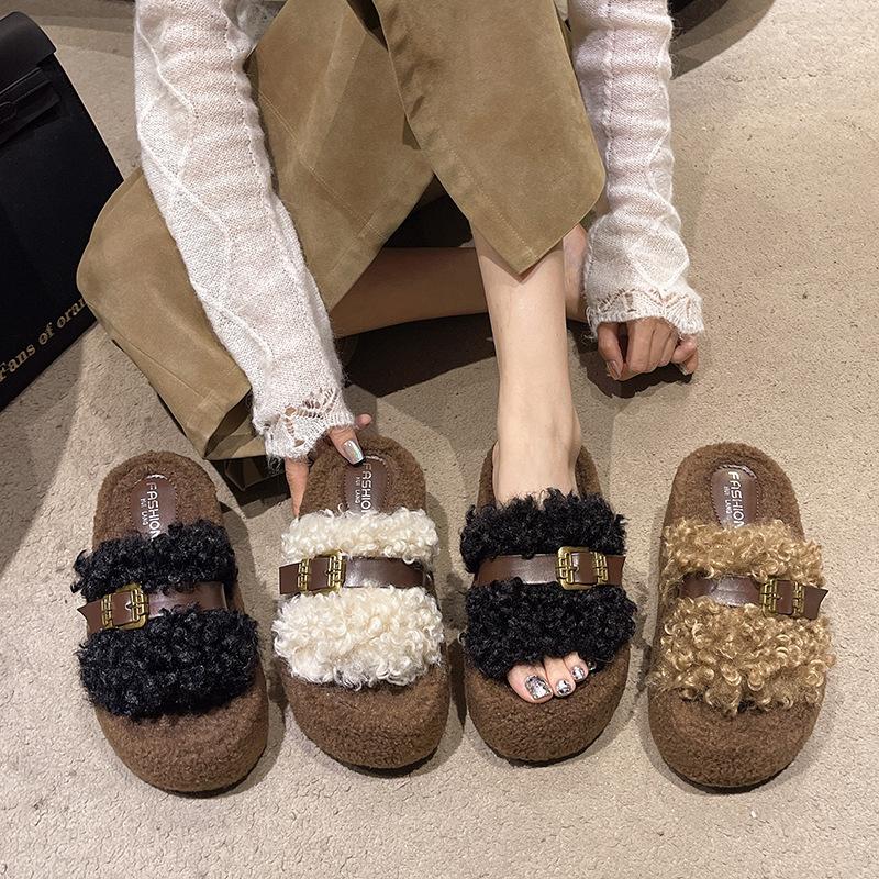 Fashion thick-soled fluffy slippers for women's outerwear 2025 autumn and winter new cotton-added thickened one-pedal casual slippers