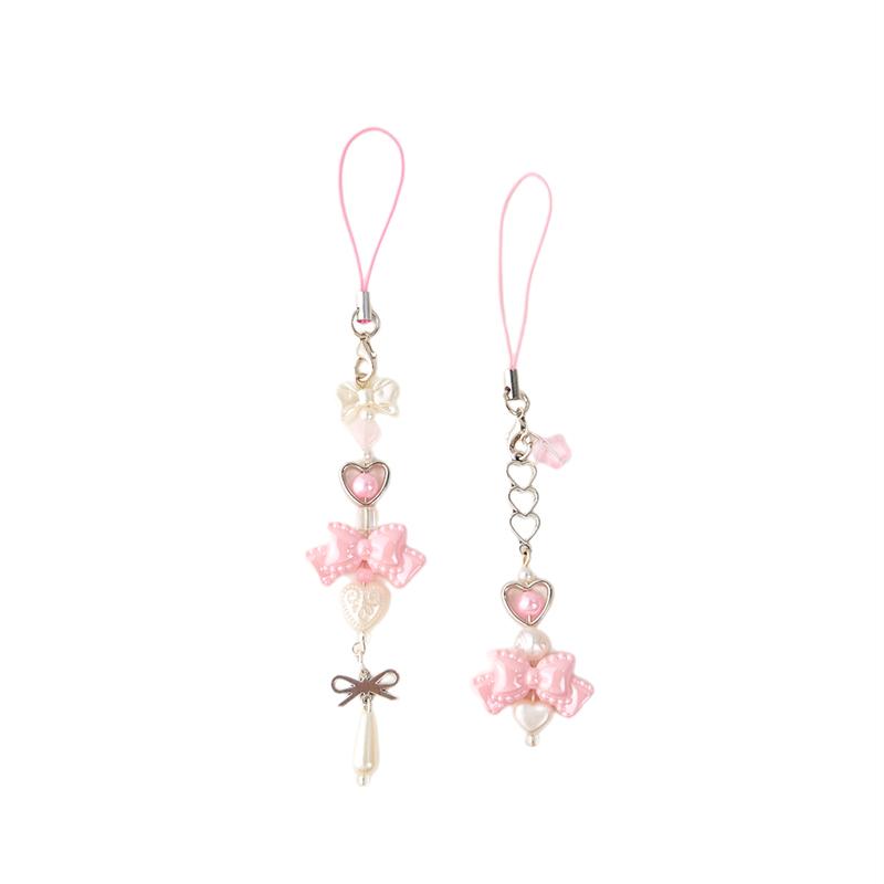 Y2K Theme Pink Bowknot Heart Beaded Keychain; Fresh and Cute Mobile Phone Lanyard; Versatile Pendant for Bags and Purses