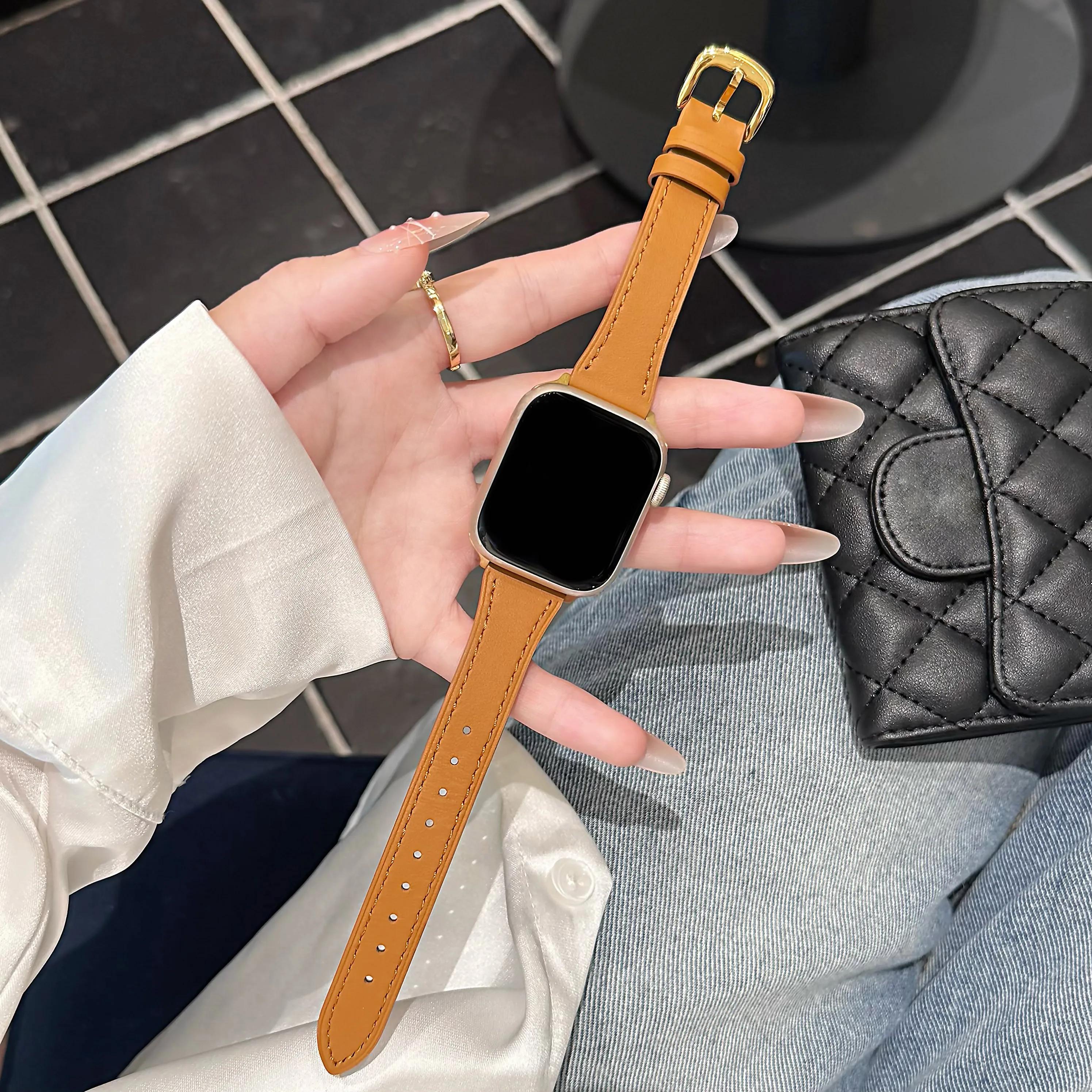 

New leather For Apple Watch band Series 10/9/8/7/6/5 38mm 40mm 41mm 42mm 44mm 45mm 46mm 49mm Strap 42mm44mm45mm46mm49mm коричневий