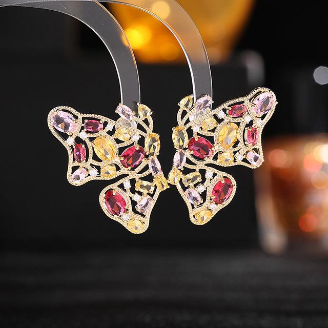 Pendientes colgantes de mariposa de circonia cúbica colorida para mujer, joyería de marca llamativa, pendientes colgantes para fiesta de boda de lujo