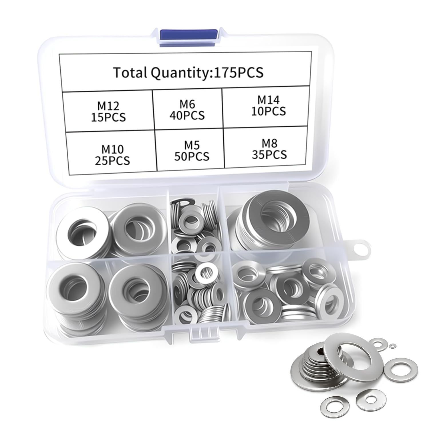 

175-Pack A2 304 Stainless Steel Washers – M5-M14 6 Sizes Penny Washers for DIY Furniture Assembly Plumbing Building Work білий