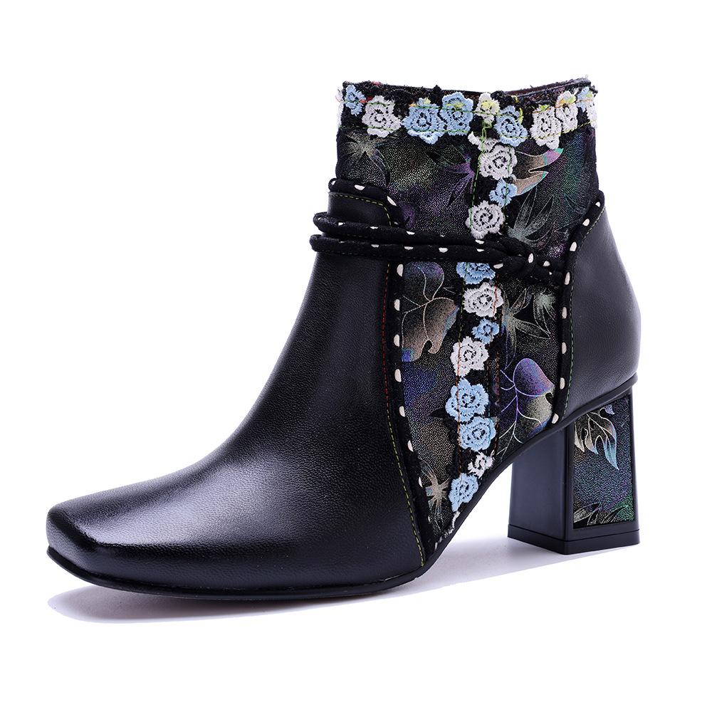Johnature Genuine Leather Short Boots Handmade Retro Lace Square Toed Thick Heel Women's Boots