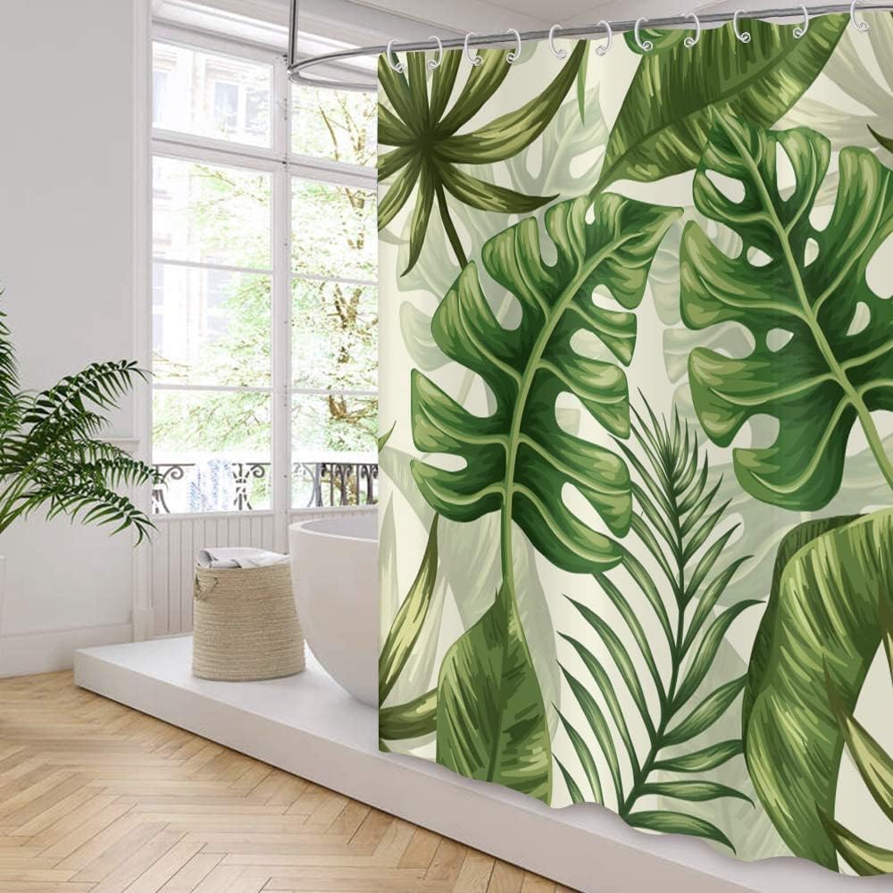 Tropical Leaves Shower Curtains, Palms Monstera Banana Leaf Green Plant Botanical Bathroom Curtains Bathtub Home Decor Machine