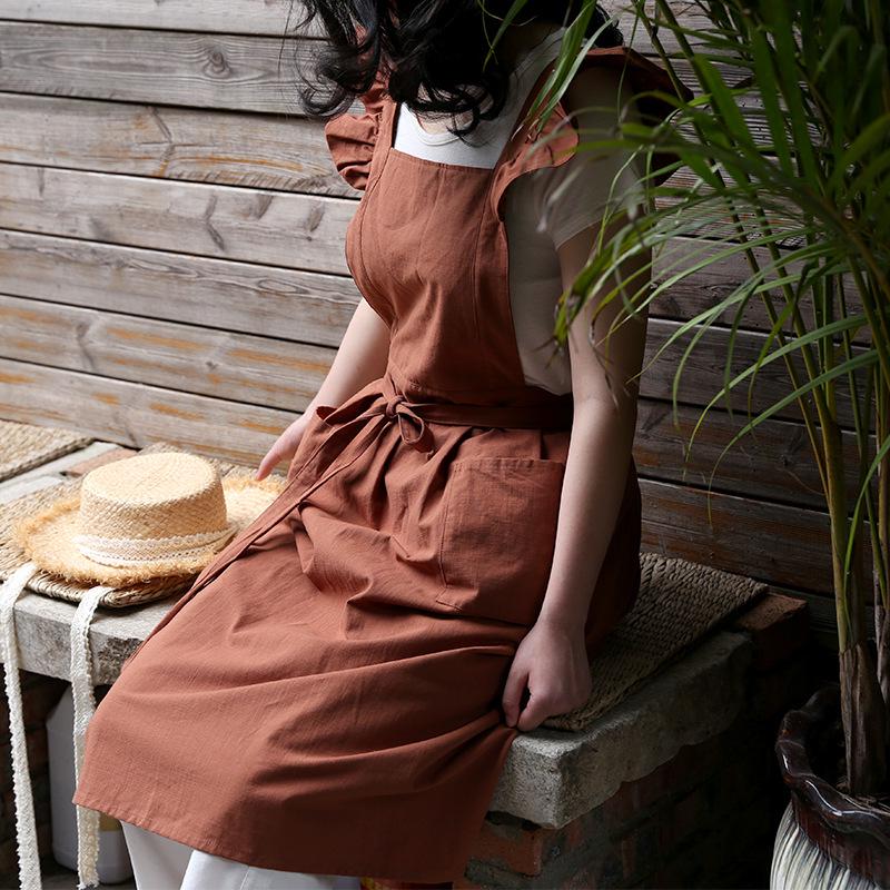 Ruffled Shoulder Strap Apron - Breathable Cotton Linen, Water Repellent for Household Chores & Baking