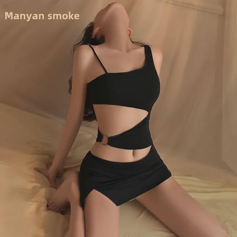 Manyan Sexy Lingerie: Oblique Shoulder Suspender Dress with Slit - Nightclub Secretary Style