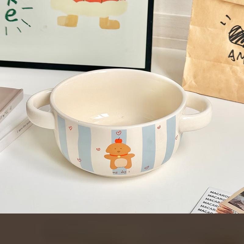 Urocza ceramiczna miseczka z dwoma uchwytami dla dzieci - Wzór piesek jabłuszko