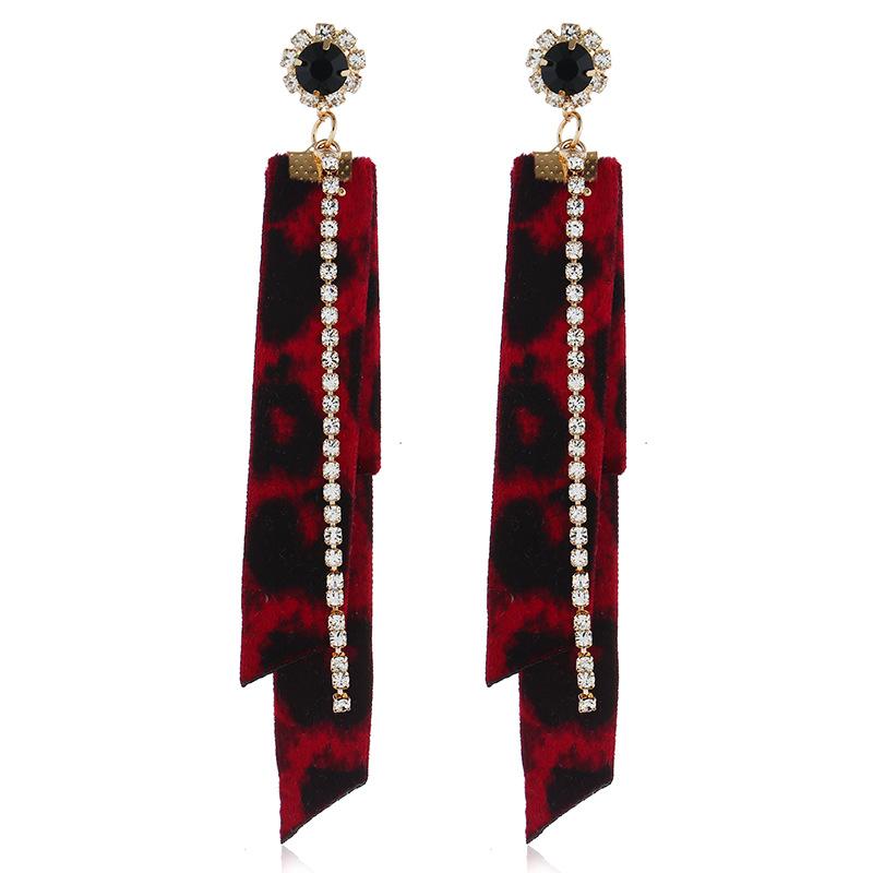 Meier Vintage exaggerated rhinestone dangle earrings, japanese & korean style long fabric leopard print stud earrings красный