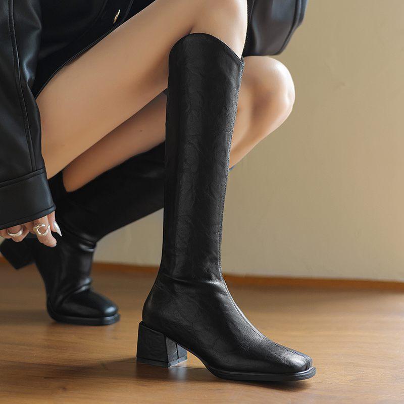 Krazing Pot PU Autumn Winter Shoes Riding Boots Square Toe Keep Warm Zipper Size 43 Handsome Knee Boots