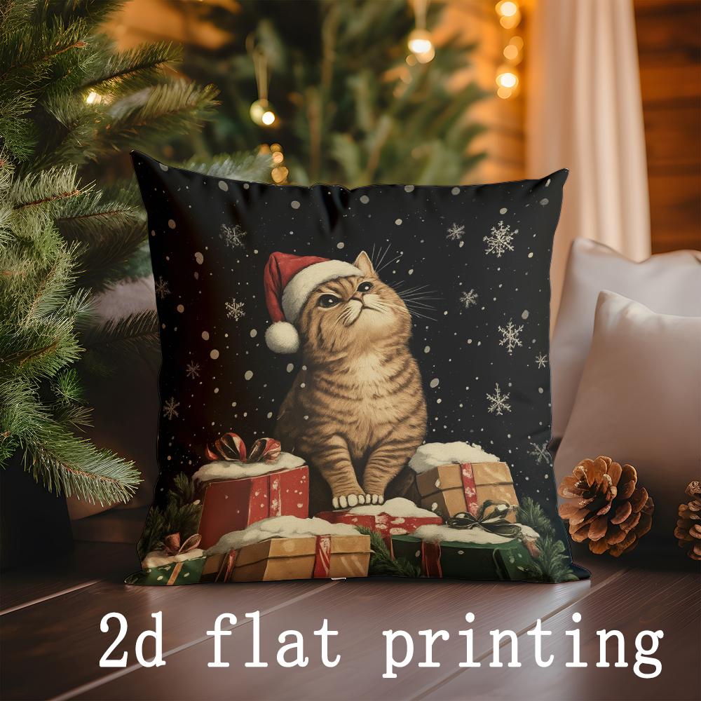 Home Decor Christmas Cat & Decorative Pillow Covers Pattern Cushion Cover Suitable for Sofa Bedroom Car Pillow Cover