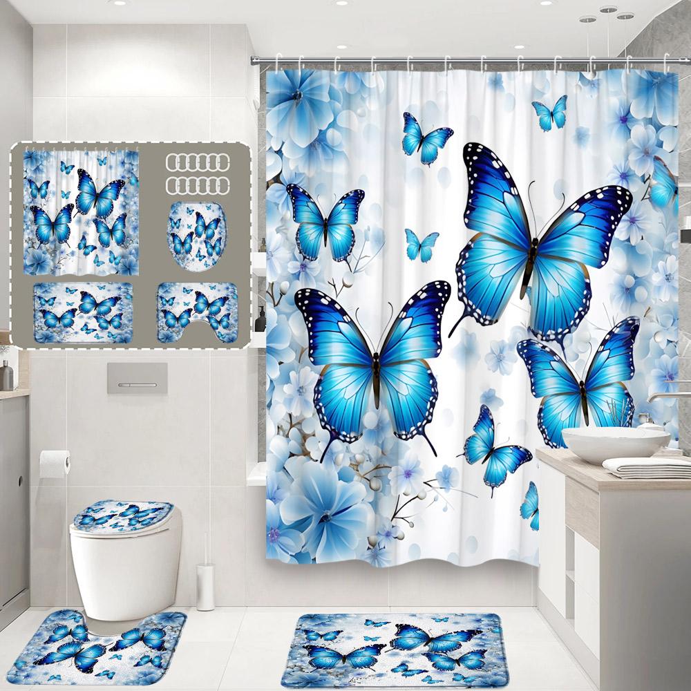 Purple Floral Butterfly Shower Curtain Set Watercolour Roses Flowers Butterflies Home Bathroom Decor Bath Mats Toilet Lid Cover