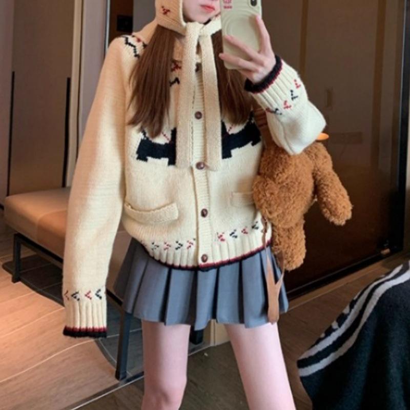 Women's Retro Fair Isle Dog Knit Cardigan - Loose, Lazy Style for Autumn/Winter 2026