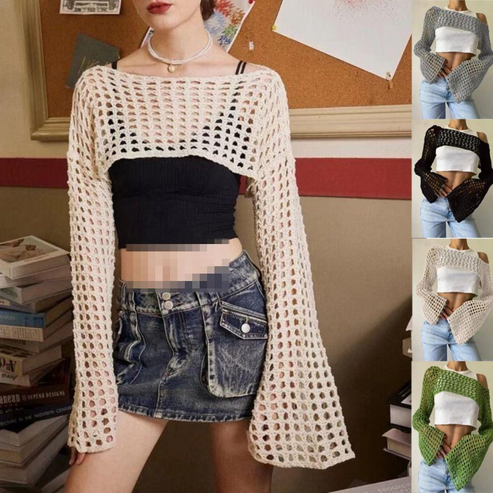 Soft Round Neck Shrug Pullover Y2K Knit Hollow Out Crop Top Women Crochet Crop Top Shopping