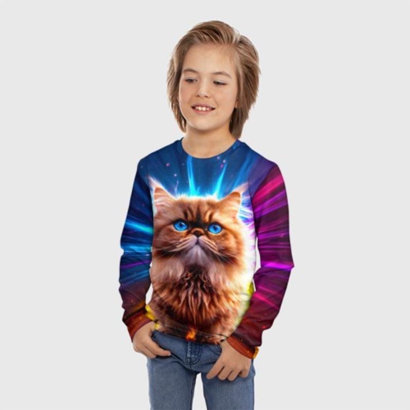 Children's Cartoon Cute Kitten Print T-shirt Boys Cute Long Sleeved Soft Comfortable Top